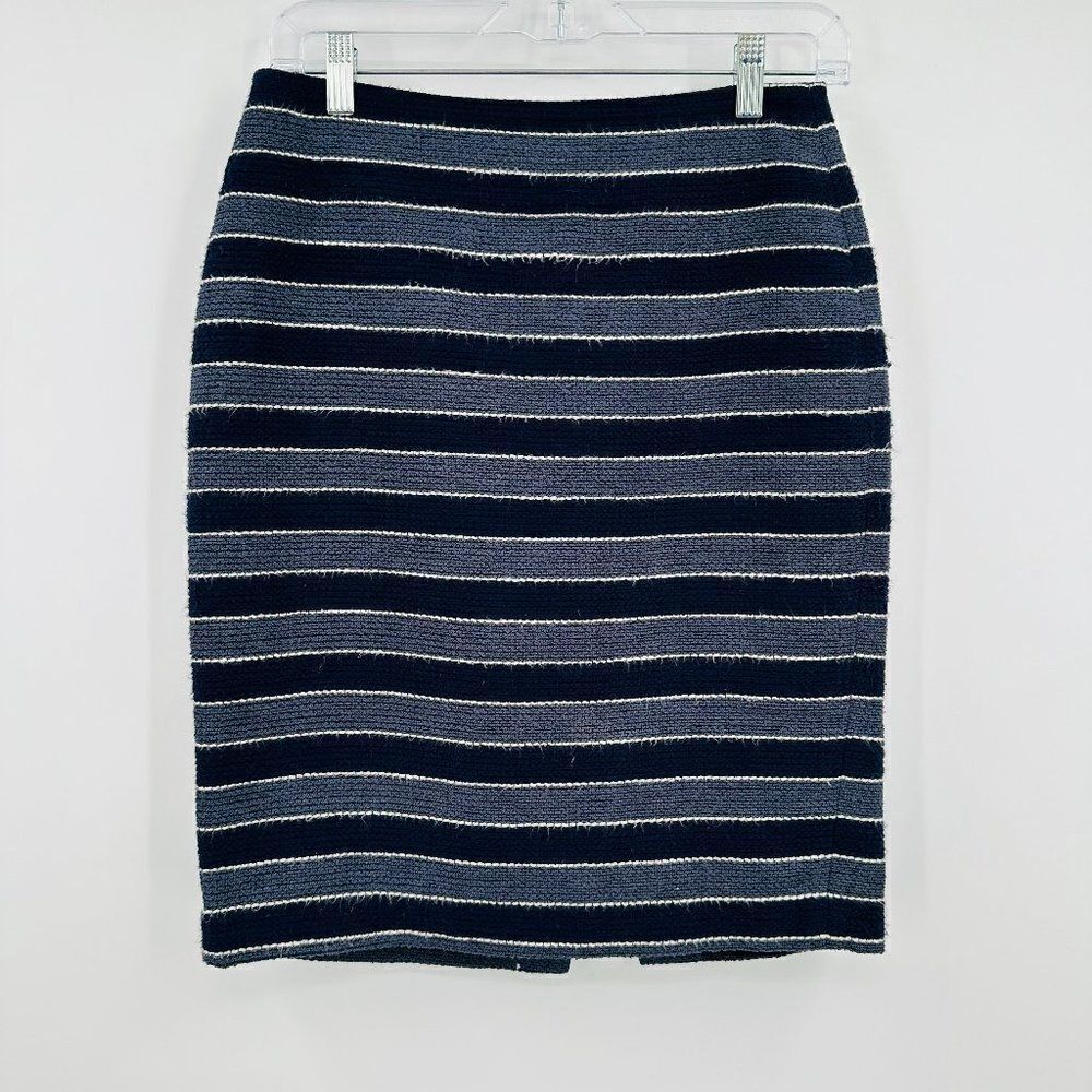 LOFT Size 2 Curvy Navy Blue Striped Career Pencil Skirt Split Back Fully Lined